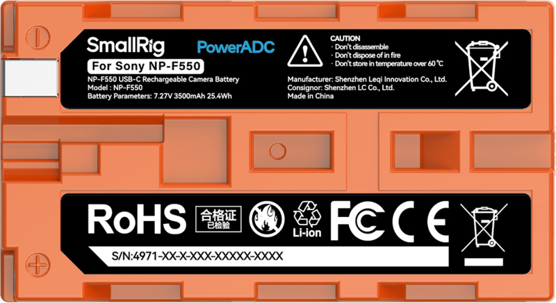 SmallRig 4971 NP-F550 USB-C Rechargeable Camera Battery Orange