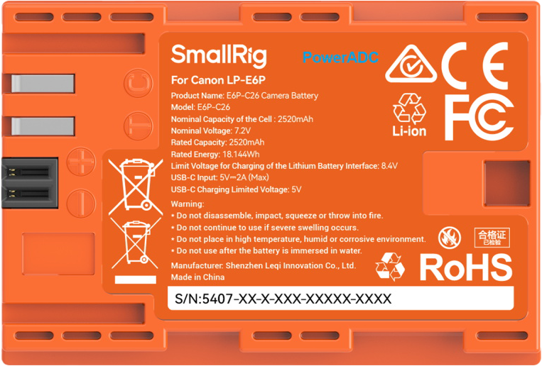 SmallRig 5407 Camera Battery USB-C Rechargeable Canon LP-E6P Orange