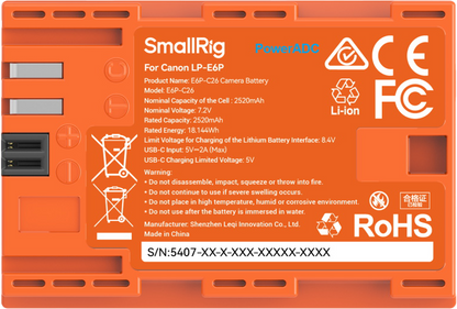 SmallRig 5407 Camera Battery USB-C Rechargeable Canon LP-E6P Orange