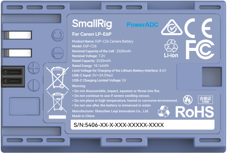 SmallRig 5406 Camera Battery USB-C Rechargable Canon LP-E6P